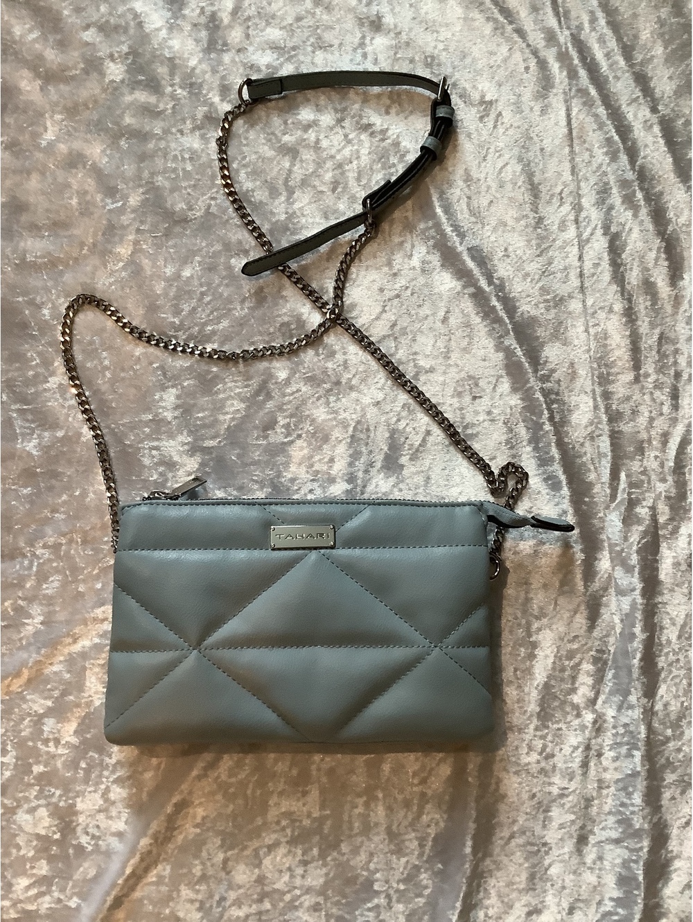 Tahari Quilted Light Blue Leather Crossbody Bag with Chain Strap
